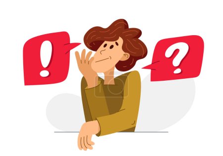 Illustration for Young man having a doubt and question, vector illustration of a person who is hesitating and thinking about some problem, decide uncertainty. - Royalty Free Image