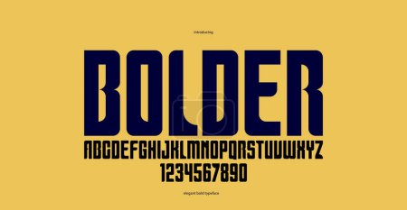 Illustration for Bold simple sans serif display font for logos headers or slogans, vector thick and heavy geometric typeface, uppercase letters alphabet with numbers, poster and advertising. - Royalty Free Image