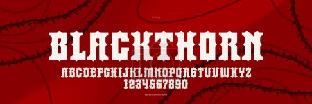 Illustration for Thorn gothic rock display font for emblems and logos, dangerous blackthorn typeface for headlines and titles, bold serif typography alphabet letters with prickles. - Royalty Free Image