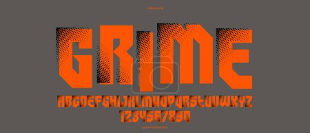 Illustration for Halftone dotted futuristic cyberpunk font for logos and posters, vector brutal industrial typeface alphabet letters and numbers, urban technic future typography. - Royalty Free Image