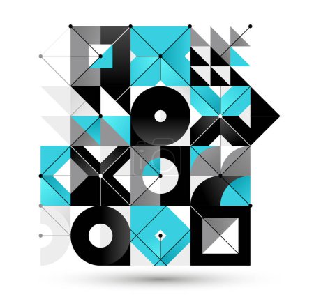 Illustration for Abstract vector Bauhaus geometric background, network and digital data composition, mechanical engine industry style, tech engineering look like shapes and lines. - Royalty Free Image