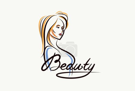 Illustration for Emblem for a beauty studio or cosmetology clinic or cosmetics brand, vector illustration of a beauty woman face with Beauty work handwritten lettering, classic style logo. - Royalty Free Image