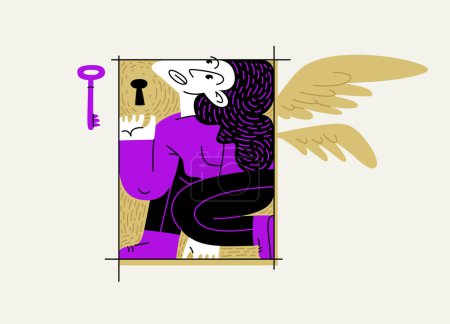 Illustration for Woman is locked in a rectangular frame, social and cultural restrictions concept, vector illustration of a girl in uncomfortable pose is locked in her mind barriers with imaginary wings. - Royalty Free Image