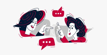 Two people talking online via some messenger with speech boxes, vector illustration of online video dialog, couple in speech bubbles.