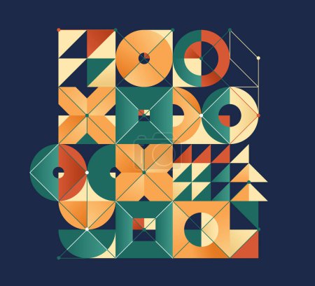 Ilustración de Fondo abstracto vector artístico geométrico en colores étnicos, colorido fondo de pantalla estilo Bauhaus con círculos triángulos y líneas, ilustraciones patrón sobre oscuro. - Imagen libre de derechos