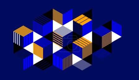 Téléchargez les photos : Vecteur bleu foncé abstrait fond géométrique avec des cubes et des formes rythmiques différentes, l'art abstrait isométrique 3D affichant des formes de bâtiments de la ville ressemblent, op art. - en image libre de droit