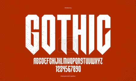 Illustration for Sharp and bold tall gothic font for logo creation of for headlines, edgy geometric modern vector condensed typeface, heavy metal and hard rock style alphabet with numbers. - Royalty Free Image