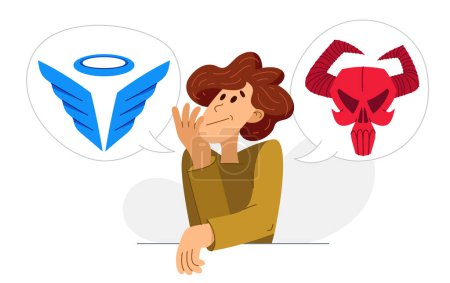 Illustration for Young man is choosing between good and evil thoughts, vector illustration of a person in doubt because of different emotions and thinking, angel and devil, love and hate. - Royalty Free Image