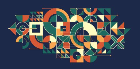 Illustration for Abstract geometric artistic vector background in ethnic colors, colorful Bauhaus style wallpaper with circles triangles and lines, pattern artwork over dark. - Royalty Free Image