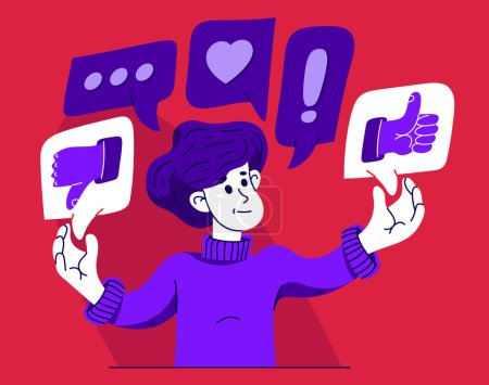 Illustration for Young man is choosing between different reactions in social media, vector illustration of a person in doubt between different responses when communicating online. - Royalty Free Image
