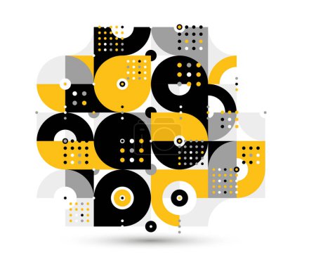 Illustration for Abstract geometric vector modular background, retro 70s modernism style pattern, modular tiles with dots, spotty pattern with circles squares and triangles. - Royalty Free Image