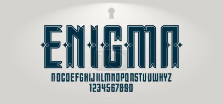 Illustration for Vintage mystic and secret font for emblems and logos, old ancient display typeface for headers and slogans, poster typography design alphabet letters and numbers. - Royalty Free Image