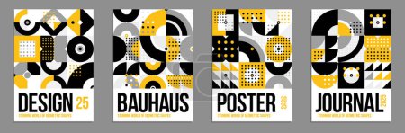 Geometric vector posters and covers in Bauhaus style, layout for advertisement sheet, brochure or book cover, tiling mosaic pattern Memphis style abstraction.
