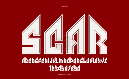 Illustration for Sharp and bold gothic font for logo creation of for headlines, edgy geometric modern vector typeface, heavy metal and hard rock style alphabet with numbers. - Royalty Free Image