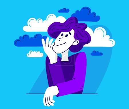 Illustration for Young man thinking and solving some problem, vector illustration of a guy having doubts and ideas, analyzing or dreaming. - Royalty Free Image