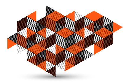 Ilustración de Fondo abstracto de vector geométrico negro y rojo con cubos y formas, arte de abstracción 3D isométrica que muestra formas de edificios de la ciudad parecen, ilusión óptica de arte op. - Imagen libre de derechos
