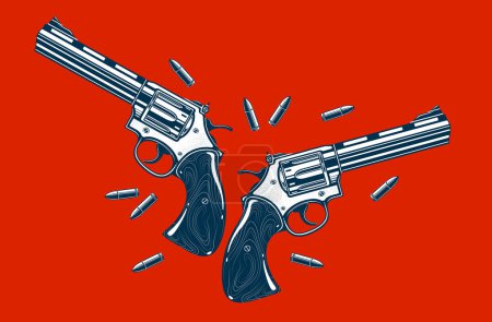 Illustration for Detailed revolvers shotguns and bullets vector illustration in a classic graphic design style, two beautiful gun drawing over red background. - Royalty Free Image