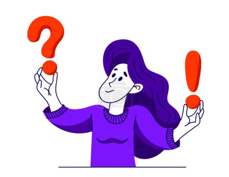Illustration for Young woman having a doubt and question, vector illustration of a person who is hesitating and thinking about some problem, decide uncertainty. - Royalty Free Image