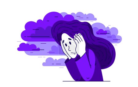 Illustration for Young woman having a psychological problem of stress or anxiety, vector illustration of stressed girl having mental disorder or tired, headache flat style drawing. - Royalty Free Image