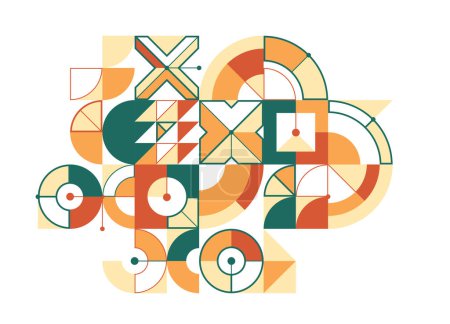 Illustration for Abstract geometric artistic vector background in ethnic colors, Bauhaus style wallpaper with circles triangles and lines, pattern artwork geometrical abstraction. - Royalty Free Image