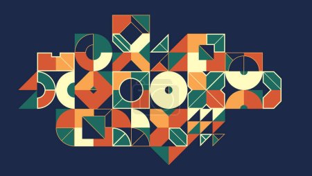 Illustration for Bauhaus style abstract geometric vector background over dark, geometrical abstraction art in ethnic colors, colorful artistic pattern composition. - Royalty Free Image