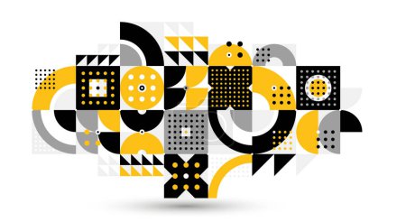 Ilustración de Fondo modular de vector geométrico abstracto, patrón de estilo modernista retro de los años 70, azulejos modulares con puntos, patrón irregular con círculos cuadrados y triángulos. - Imagen libre de derechos