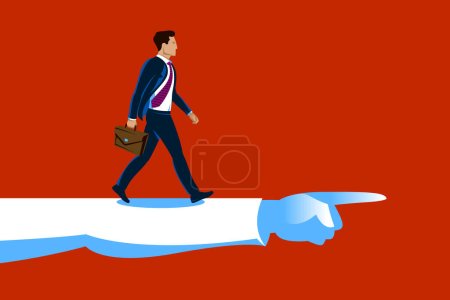 Illustration for Business man going ahead to his goal with shown direction, vector illustration of a young man business dressed walking straight towards to his aim with hint, career concept. - Royalty Free Image