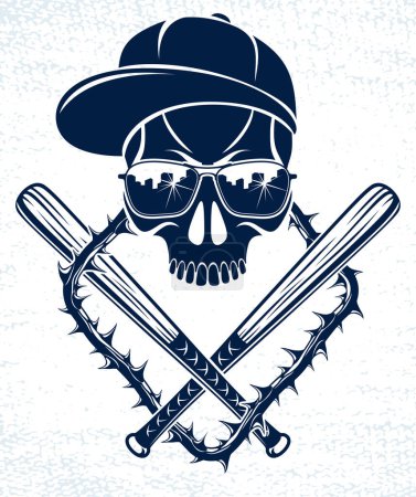 Ilustración de Banda brutal emblema criminal o logotipo con elementos de diseño de los murciélagos de béisbol cráneo agresivo, vector anarquía crimen terror estilo retro, ghetto revolucionario. - Imagen libre de derechos