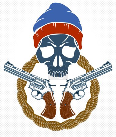 Anarquía y Caos emblema agresivo o logotipo con cráneo malvado, vector vintage scull tatuaje, criminal mafioso rebelde y revolucionario.
