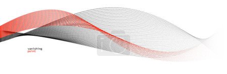 Téléchargez les illustrations : Illustration vectorielle abstraite de fond, points rouges et noirs en mouvement par lignes courbes, ondes de flux de particules isolées, illustration monochrome noir et blanc. - en licence libre de droit