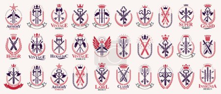 Weapon logos big vector set, vintage heraldic military emblems collection, classic style heraldry design elements, ancient knives spears and axes symbols.