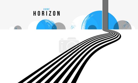 Ilustración de Composición lineal vector camino al horizonte, fondo abstracto con líneas en perspectiva 3D, ilusión óptica op art, colores negro y azul. - Imagen libre de derechos