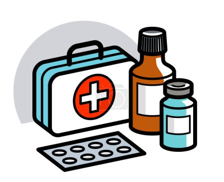 Medizin-Erste-Hilfe-Set Thema Pillen und Flaschen 3D-Vektorillustration isoliert, Medikamente und Medikamente, Gesundheitsmittel Karikatur, Vitamine oder Antibiotika, einfache lineare Gestaltung.