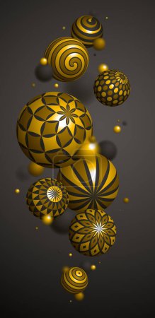 Illustration for Abstract golden spheres vector phone background, composition of flying balls decorated with patterns of gold, 3D mixed variety realistic globes with ornaments, smartphone wallpaper. - Royalty Free Image
