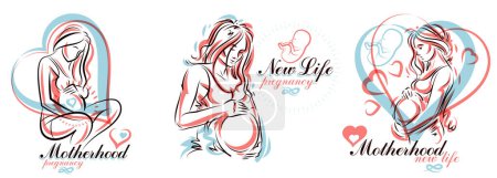Illustration for Pregnancy and motherhood theme vector illustrations set pregnant woman drawings isolated on white background, prenatal pregnant beautiful female new life theme. - Royalty Free Image