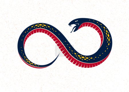 Illustration for Ouroboros Snake in a shape of infinity symbol, endless cycle of life and death, ancient Uroboros symbol vector illustration, Serpent eating its own tale, logo, emblem or tattoo. - Royalty Free Image