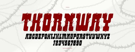 Illustration for Thorn gothic rock display font for emblems and logos, dangerous blackthorn typeface for headlines and titles, bold serif typography alphabet letters with prickles, italic version. - Royalty Free Image