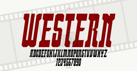 Ilustración de Wild west American style geometric massive tall and bold font for logos, western serif letters alphabet, condensed typeface like in wanted posters. - Imagen libre de derechos