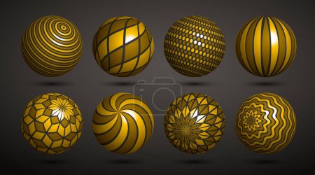 Téléchargez les illustrations : Ensemble vectoriel abstrait de sphères dorées, collection de boules décorées de motifs, collection de globes réalistes de variété mixte 3D avec ornements. - en licence libre de droit