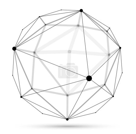 Ilustración de Esfera de celosía dimensional abstracción vectorial, diseño poligonal 3D forma abstracta aislada sobre blanco, ciencia digital conexiones dinámicas con líneas y puntos con perspectiva. - Imagen libre de derechos
