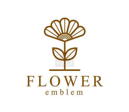 Illustration for Geometric linear style vector flower logo or emblem isolated on white, sacred geometry floral symbol line drawing emblem, blossoming flower hotel or boutique or jewelry logotype. - Royalty Free Image