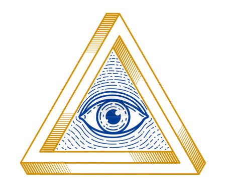 Illustration for All seeing eye of god in sacred geometry triangle, masonry and illuminati symbol, vector logo or emblem design element. - Royalty Free Image