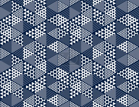 Illustration for Geometric 3D seamless pattern with cubes, rhombus and triangles and dots boxes blocks vector background, architecture and construction, wallpaper design. - Royalty Free Image