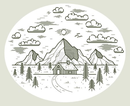 Cabin in mountains linear vector nature illustration isolated on white, log cabin cottage for rest in pine forest, holidays and vacations theme line art drawing.