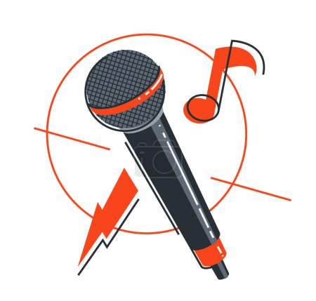 Téléchargez les illustrations : Emblème de microphone isolé sur fond blanc vecteur plat linéaire illustration de style isolé, logo ou icône pour chanteur ou rappeur ou stand-up comic. - en licence libre de droit