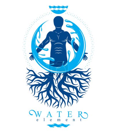 Illustration for Vector graphic illustration of muscular human, individual created with tree roots and surrounded by a water ball. Human water reserves metaphor. - Royalty Free Image