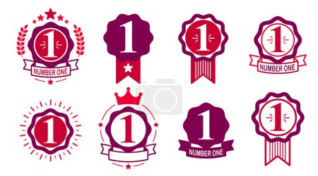 Illustration for First place number one business success and triumph vector labels set isolated over white, graphic design elements, geometric vintage classic emblems collection, simplistic old style icons. - Royalty Free Image
