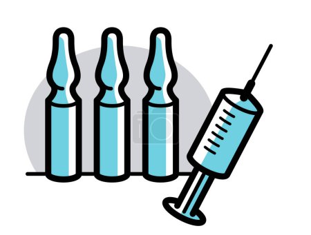 Téléchargez les illustrations : Illustration vectorielle du thème vaccinal d'une seringue contenant des ampoules isolées sur un coronavirus blanc, épidémique ou pandémique covid 19 ou grippal ou SRAS ou tout autre vaccin, concept pharmacologique. - en licence libre de droit