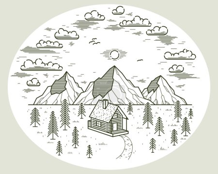 Log cabin wooden house in pine forest over mountain range vector nature illustration isolated on white, cottage woodhouse for rest in pine forest, holidays and vacations theme line art drawing.