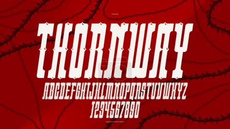 Illustration for Thorn horror gothic rock display font for emblems and logos, dangerous blackthorn typeface for headlines and titles, bold serif typography alphabet letters with prickles, italic version. - Royalty Free Image
